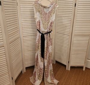Smak Parlour Gold and Cream Sequin Jumpsuit Size M NWT
